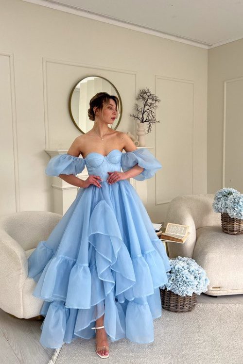 Довга Сукня з органзи на корсеті з чашечками з пишними рукавами голуба.