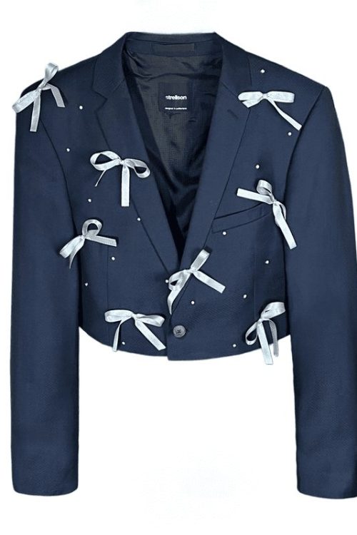 Укорочений синій піджак з бантиками