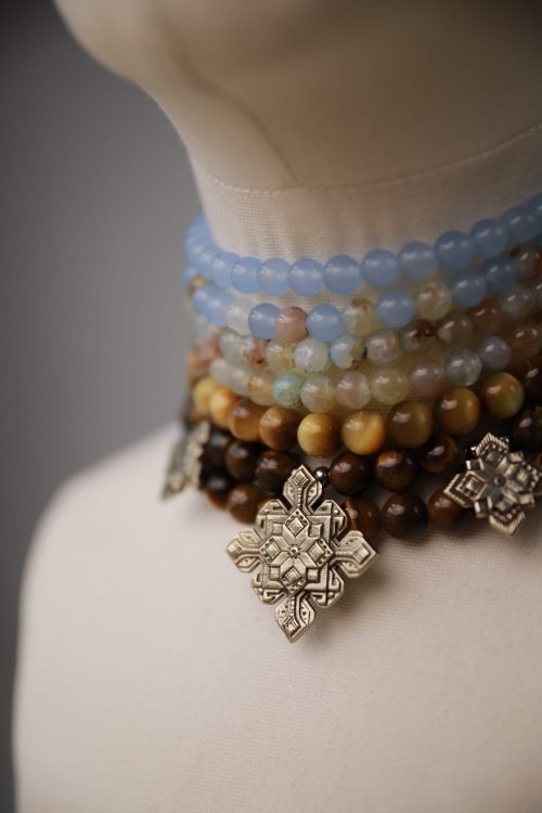 Семирядний градієнтний чокер з агату та тигрового ока з трьома підвісами ручнох роботи