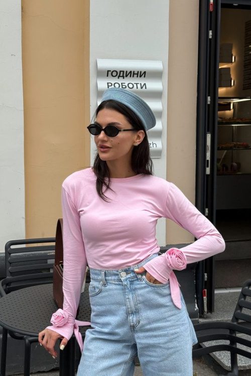 Лонгслів приталений з трояндами (рожевий)