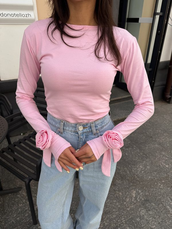 Лонгслів приталений з трояндами (рожевий) - Зображення 2