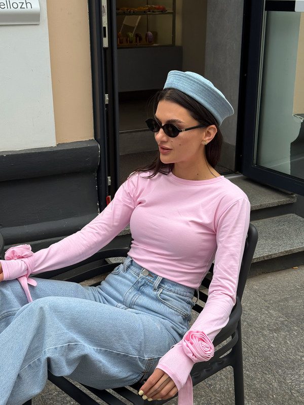 Лонгслів приталений з трояндами (рожевий) - Зображення 3