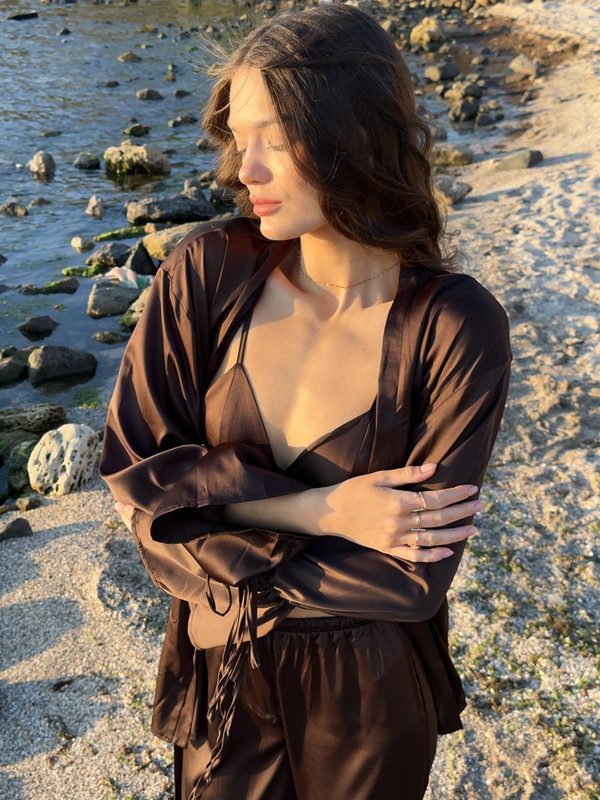 Костюм трійка (топ, кімоно та штани палаццо) (шоколад) - Зображення 3