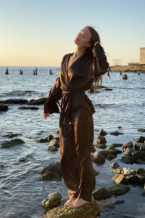 Костюм трійка (топ, кімоно та штани палаццо) (шоколад)