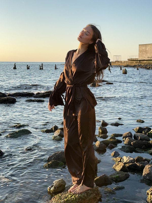 Костюм трійка (топ, кімоно та штани палаццо) (шоколад)