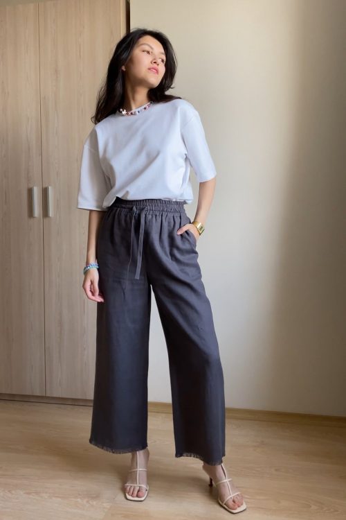 Штани палаццо вкорочені з бахромою на гумці