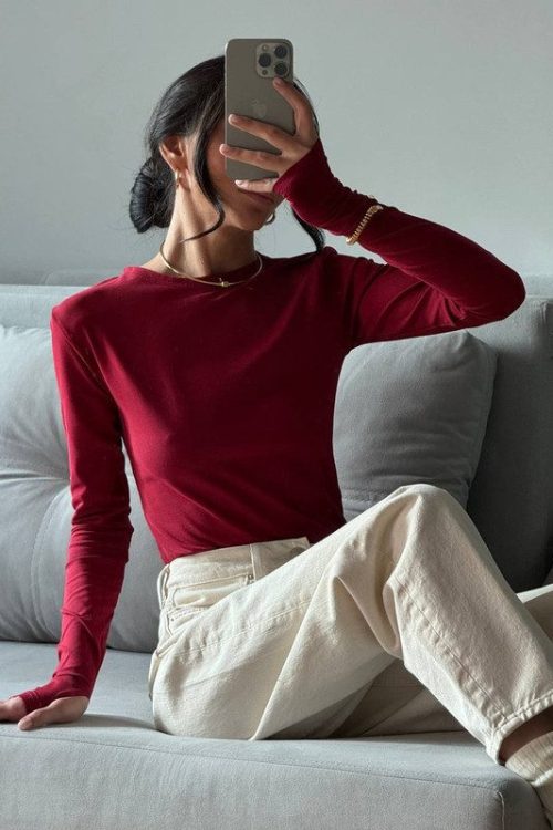 Лонгслів приталений з бавовни (бургунді)