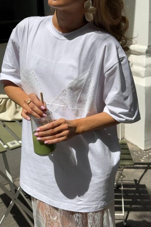 Футболка оверсайз з мереживним ліфом (білий)