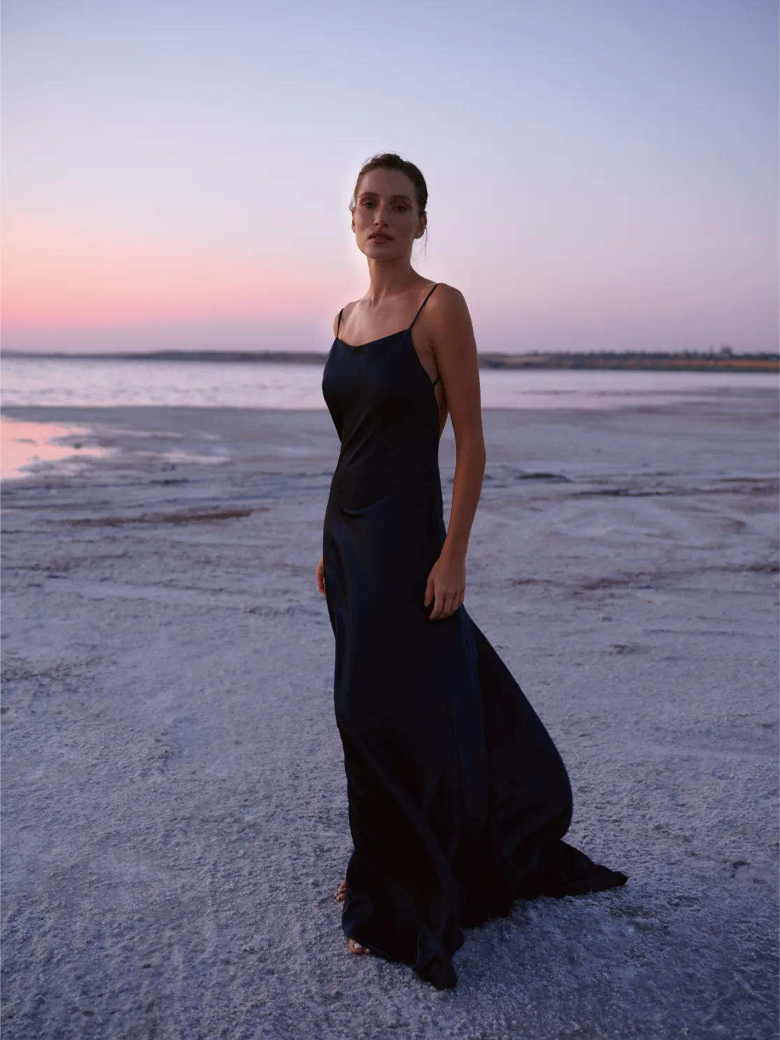 Margaret dress with a deep back, navy blue